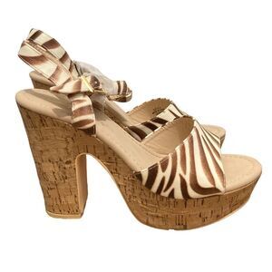 Mackin Girl Zebra 5 inch Heeled Wedge Sandal Brown Tan Cream Womens Size 8.5